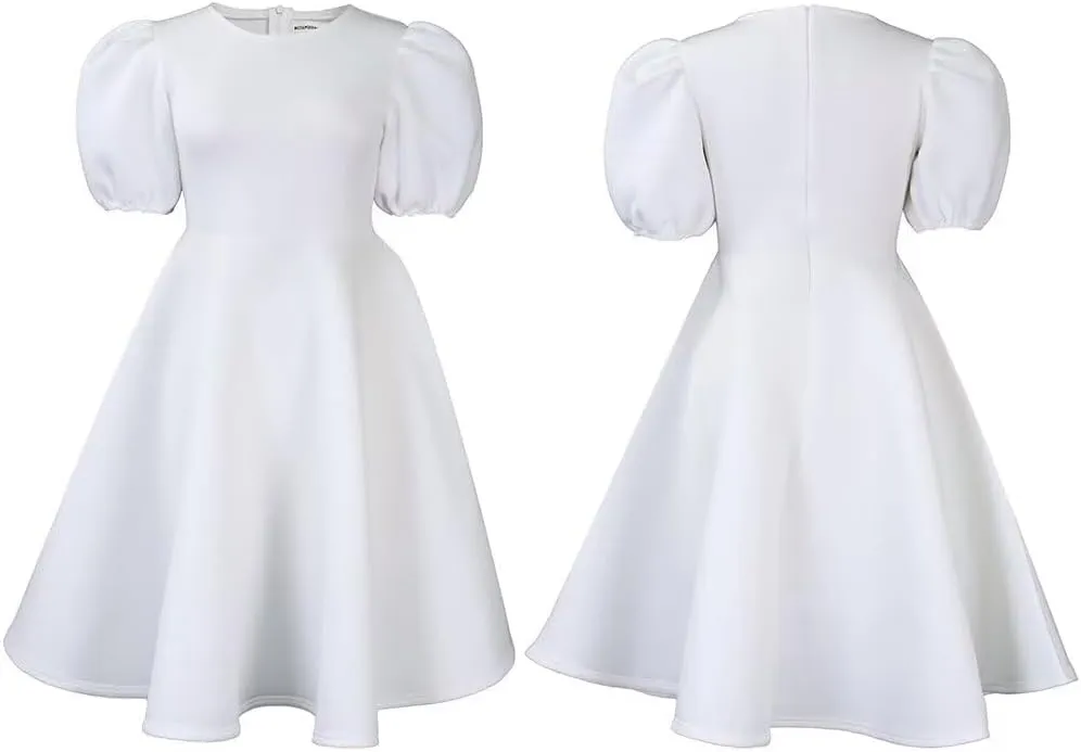 Womens Plus Size Stretchy A Line Summer Dresses Sweetheart Neck Puff Short Sleeve Tie Swing A Line Midi Dress
