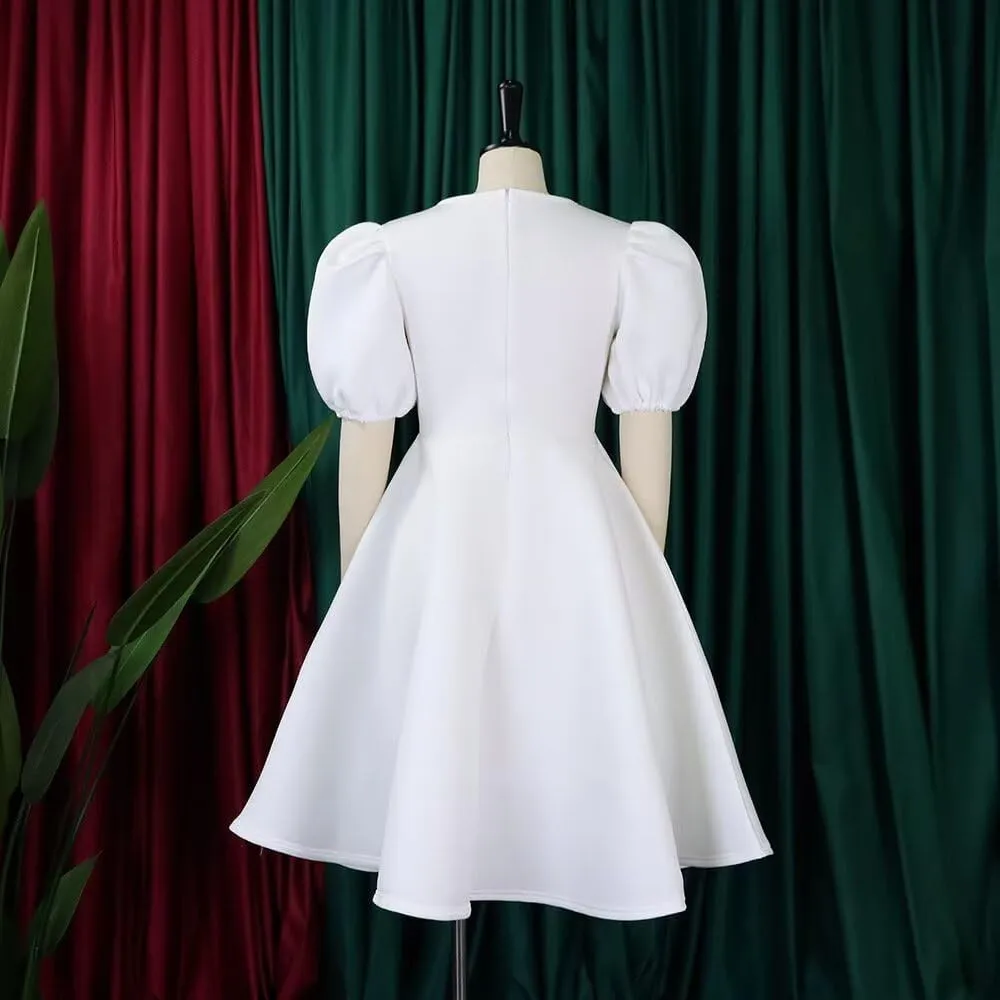 Womens Plus Size Stretchy A Line Summer Dresses Sweetheart Neck Puff Short Sleeve Tie Swing A Line Midi Dress