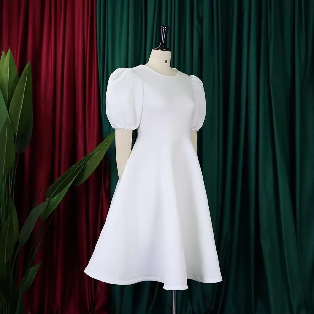Womens Plus Size Stretchy A Line Summer Dresses Sweetheart Neck Puff Short Sleeve Tie Swing A Line Midi Dress