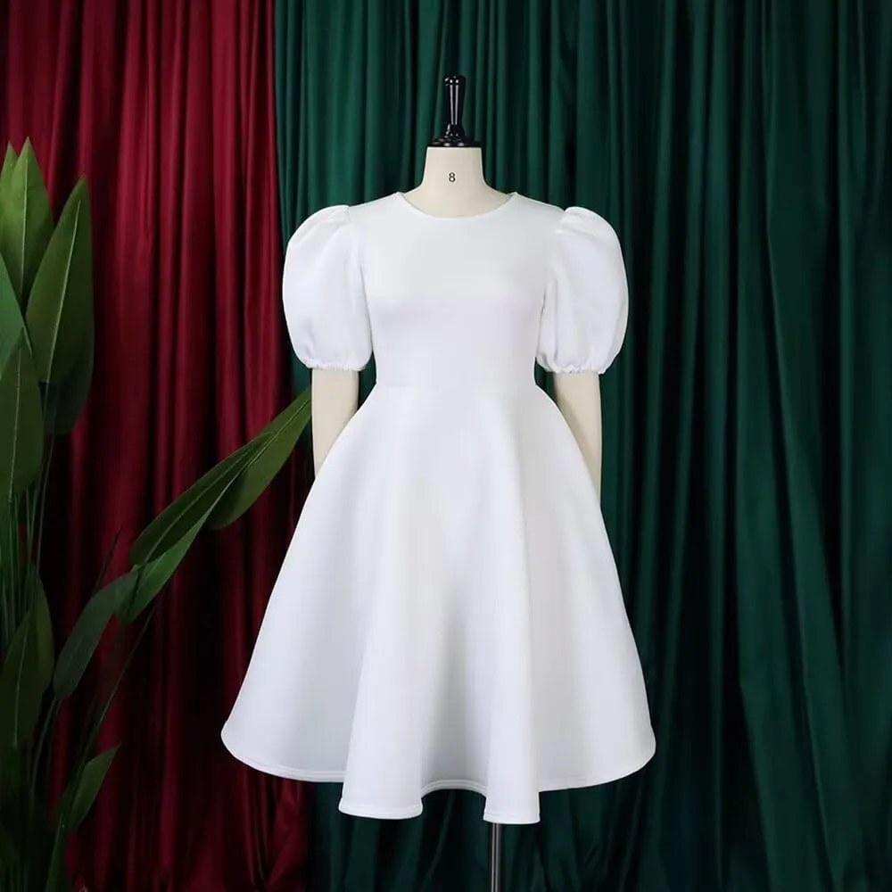 Womens Plus Size Stretchy A Line Summer Dresses Sweetheart Neck Puff Short Sleeve Tie Swing A Line Midi Dress
