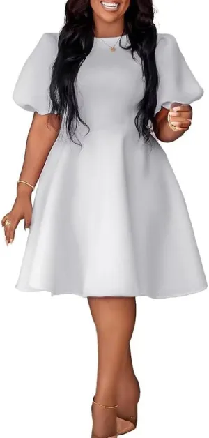 Womens Plus Size Stretchy A Line Summer Dresses Sweetheart Neck Puff Short Sleeve Tie Swing A Line Midi Dress