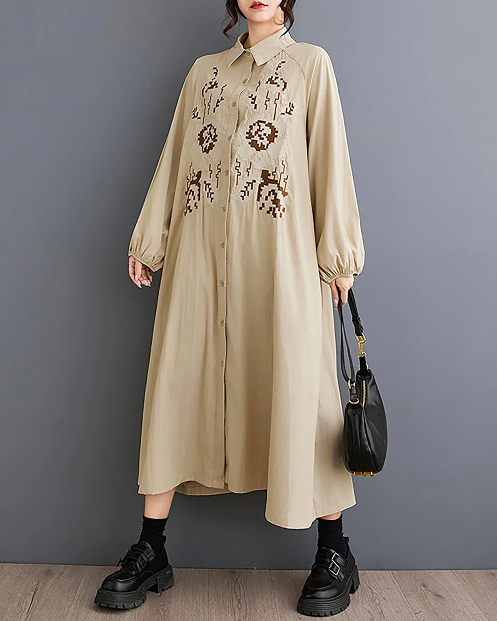 Women's Shirt Dress Lapel Collar Button Down Long Sleeve Below Knee Loose Oversize GZ291