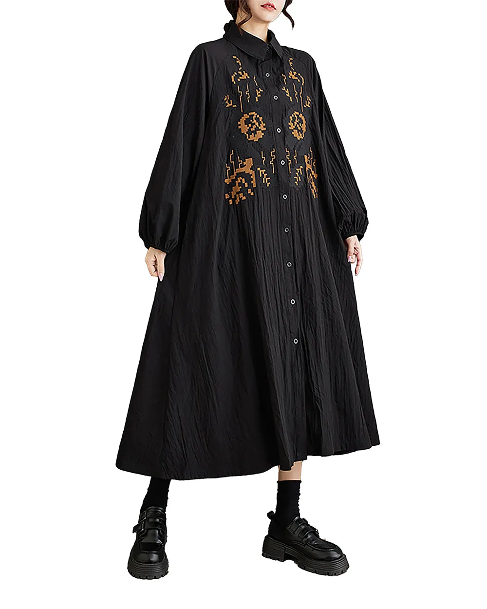 Women's Shirt Dress Lapel Collar Button Down Long Sleeve Below Knee Loose Oversize GZ291