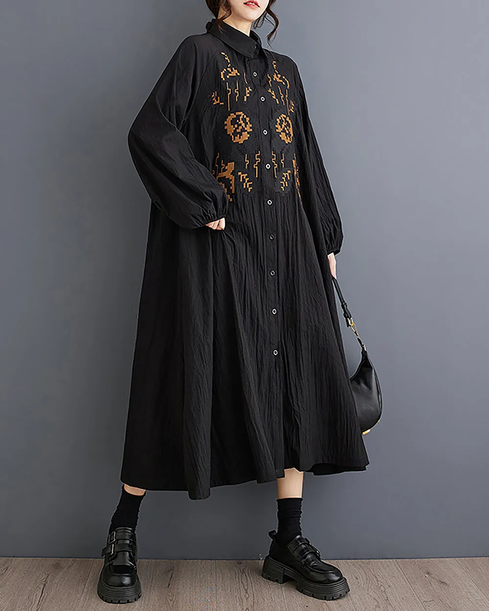 Women's Shirt Dress Lapel Collar Button Down Long Sleeve Below Knee Loose Oversize GZ291