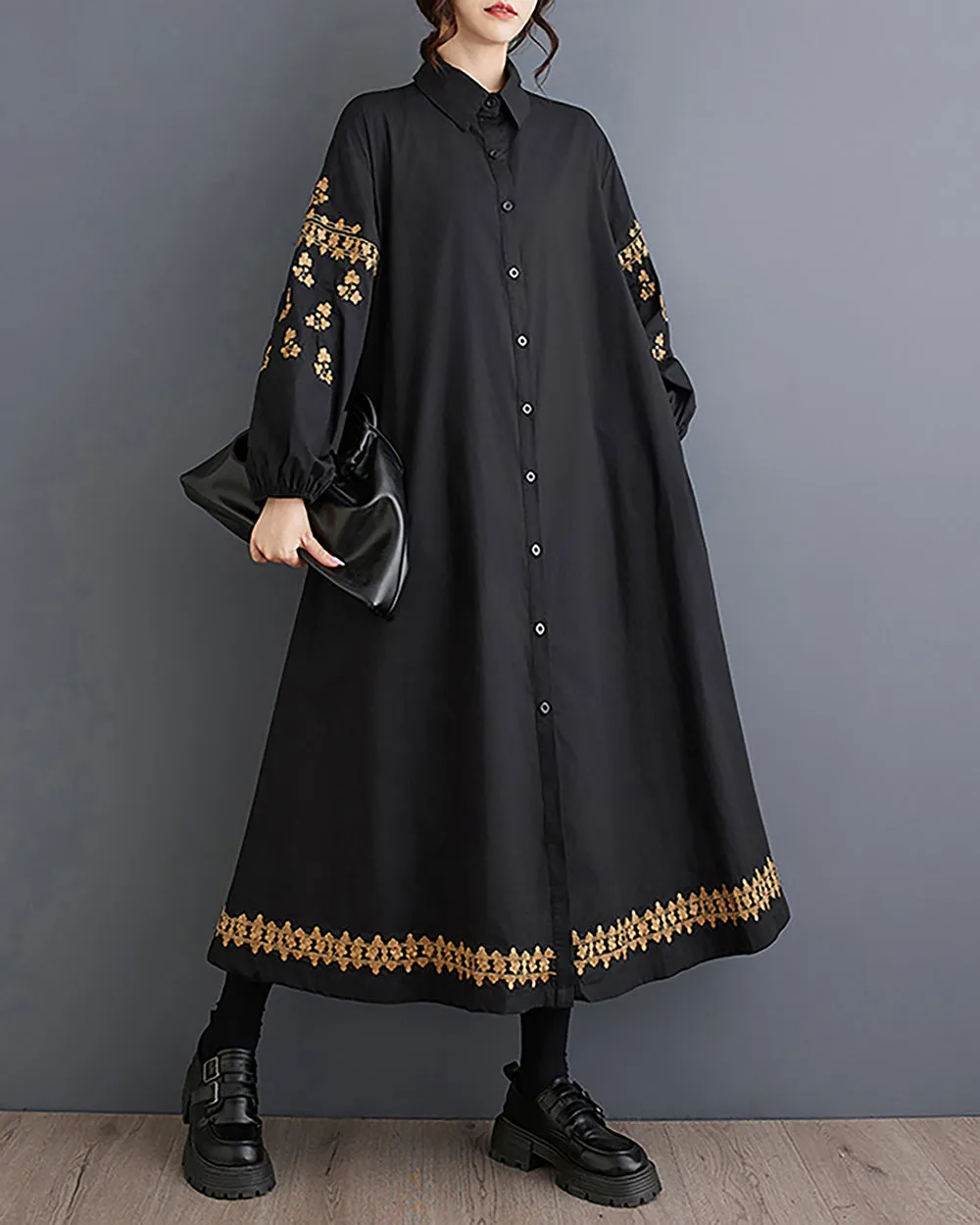 Women's Shirt Dress Lapel Collar Button Down Long Sleeve Below Knee Loose Oversize GZ291
