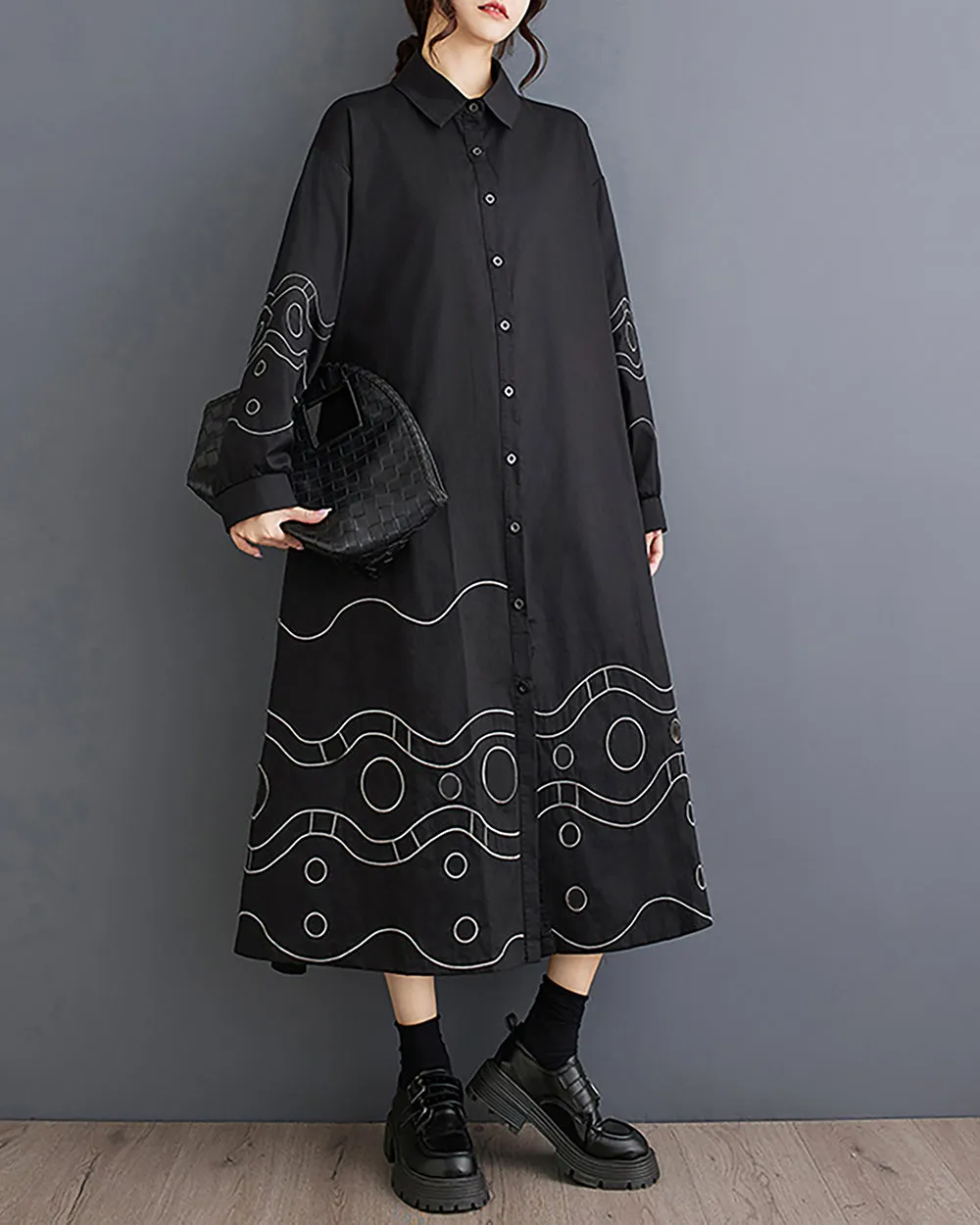 Women's Shirt Dress Lapel Collar Button Down Long Sleeve Below Knee Loose Oversize GZ291