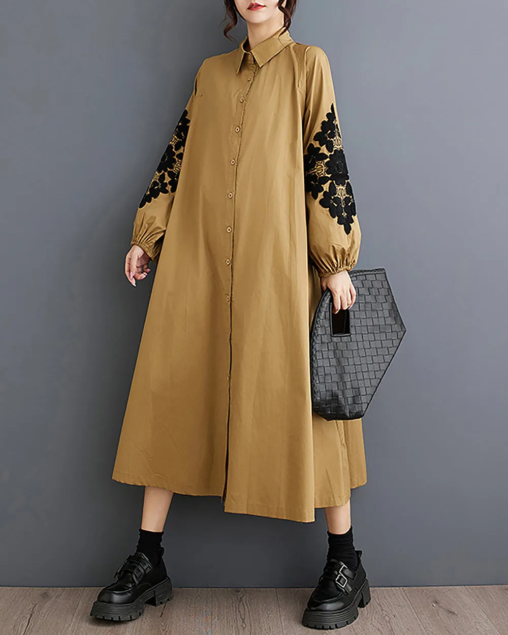Women's Shirt Dress Lapel Collar Button Down Long Sleeve Below Knee Loose Oversize GZ291