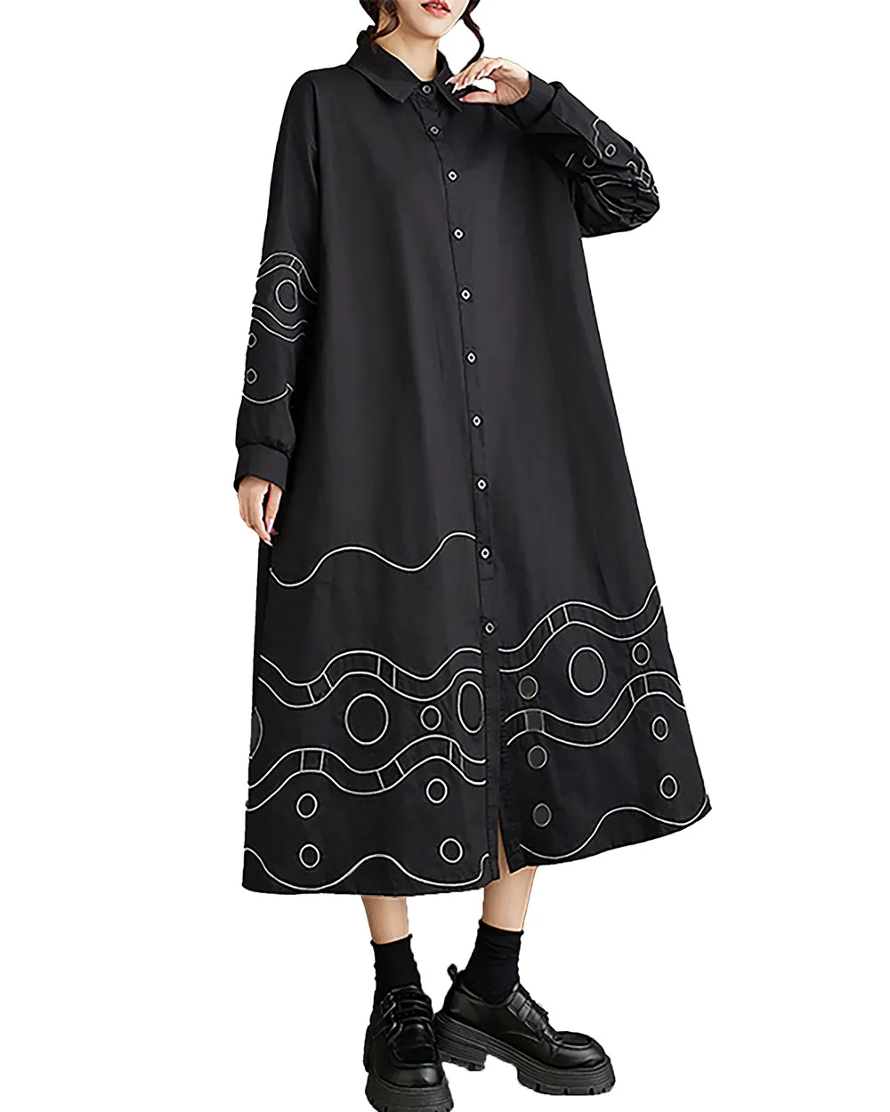 Women's Shirt Dress Lapel Collar Button Down Long Sleeve Below Knee Loose Oversize GZ291