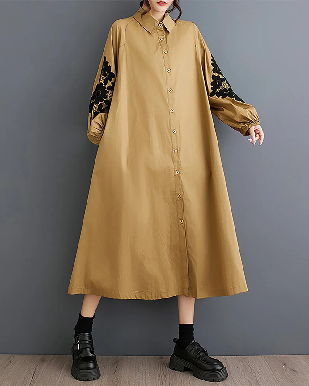 Women's Shirt Dress Lapel Collar Button Down Long Sleeve Below Knee Loose Oversize GZ291