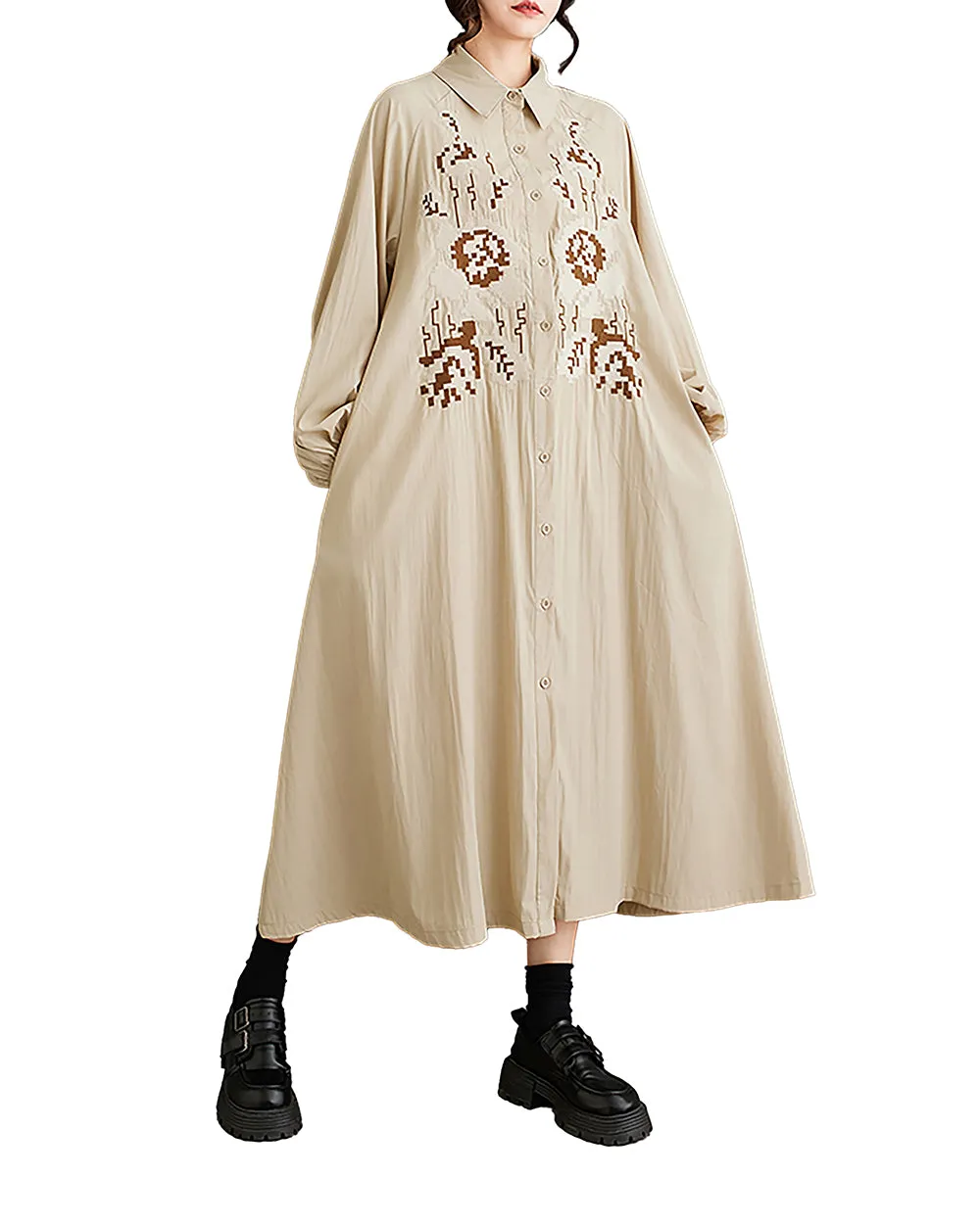 Women's Shirt Dress Lapel Collar Button Down Long Sleeve Below Knee Loose Oversize GZ291