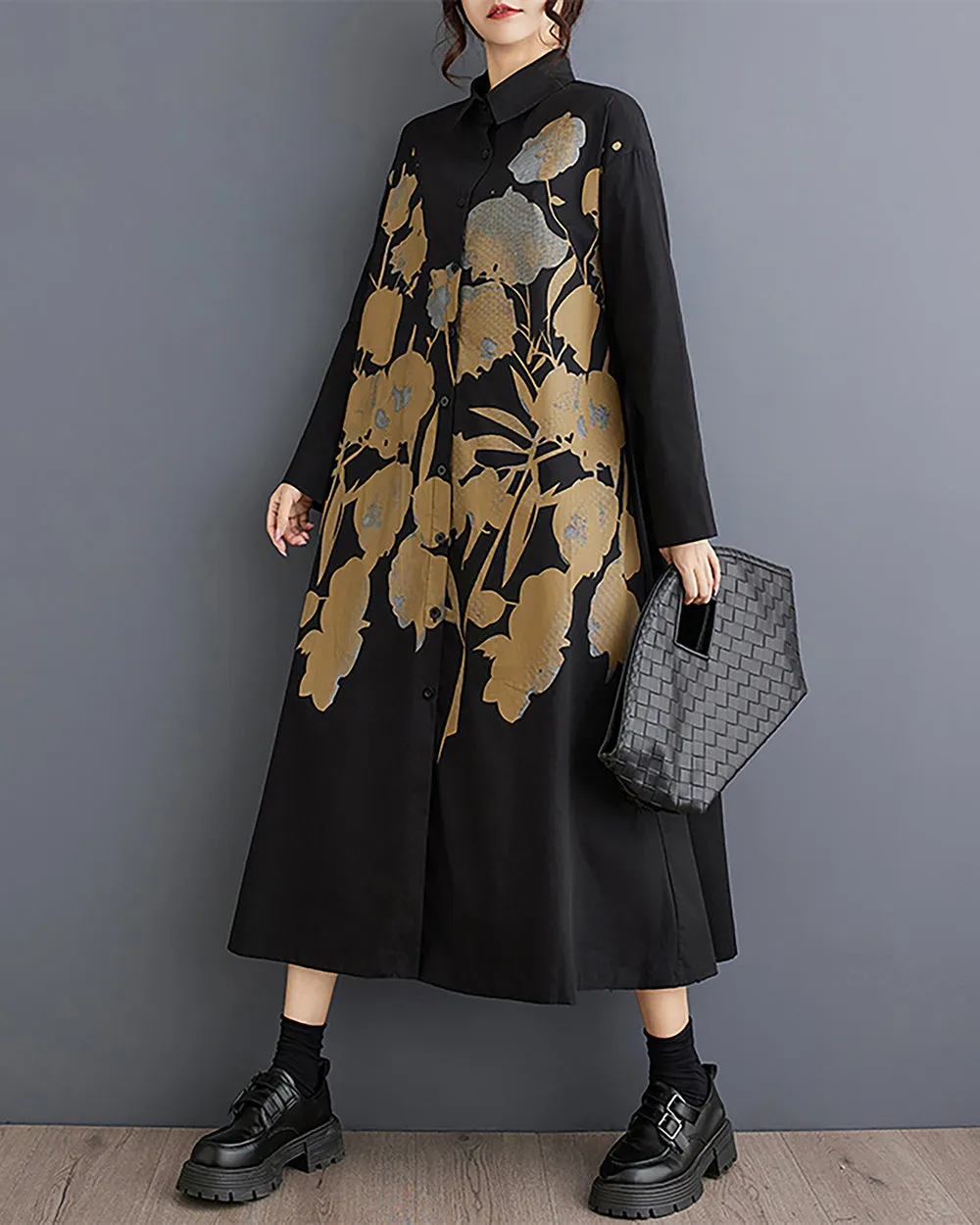 Women's Shirt Dress Lapel Collar Button Down Long Sleeve Below Knee Loose Oversize GZ291