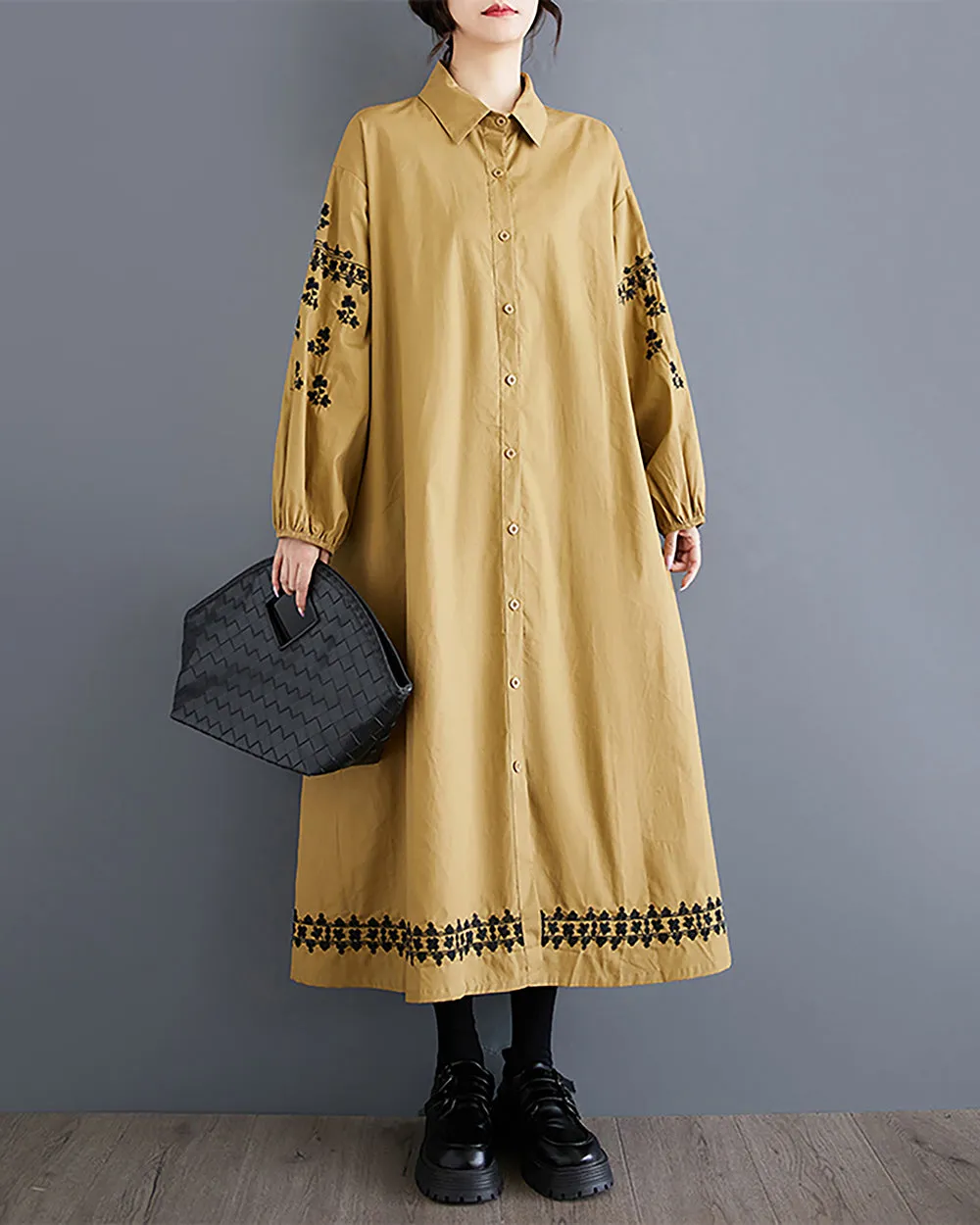 Women's Shirt Dress Lapel Collar Button Down Long Sleeve Below Knee Loose Oversize GZ291