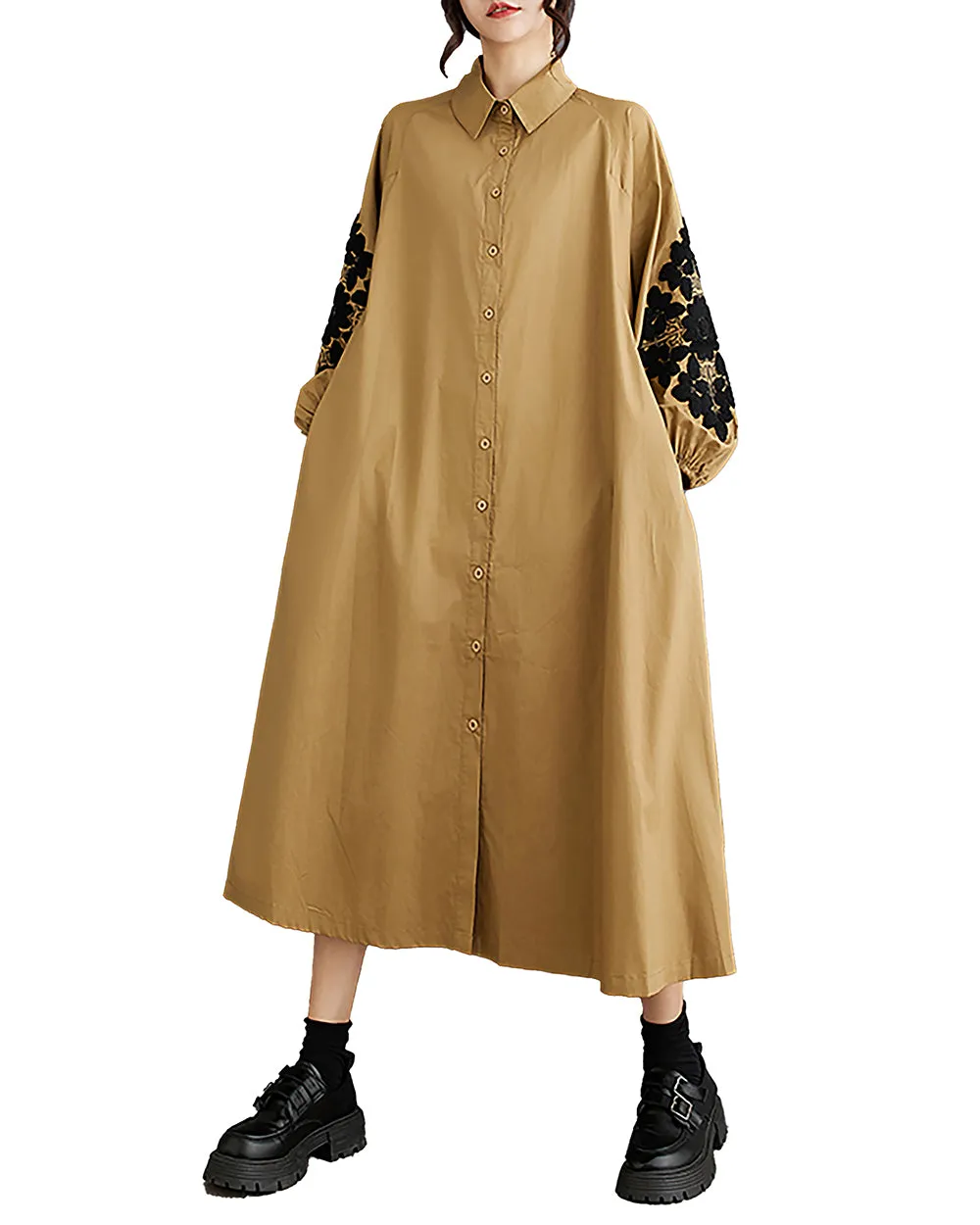 Women's Shirt Dress Lapel Collar Button Down Long Sleeve Below Knee Loose Oversize GZ291