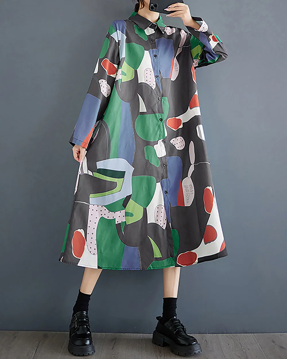 Women's Shirt Dress Lapel Collar Button Down Long Sleeve Below Knee Loose Oversize GZ291