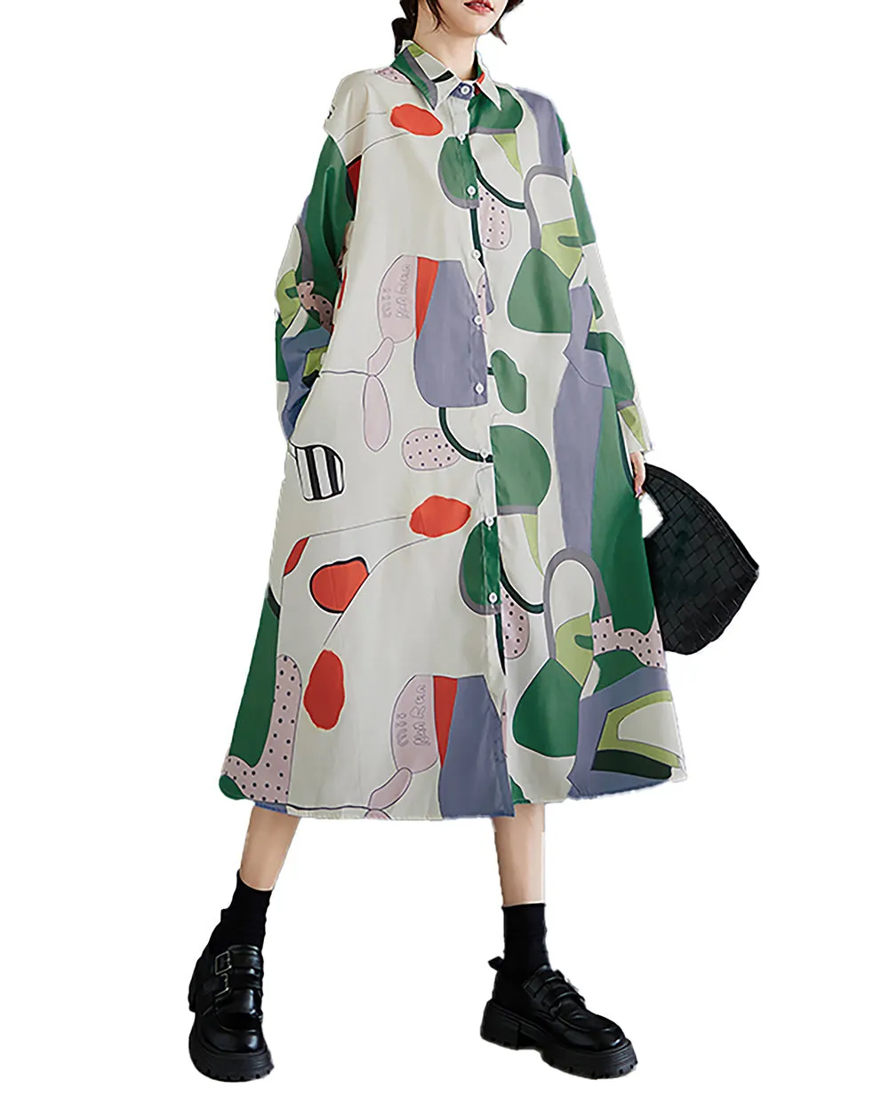 Women's Shirt Dress Lapel Collar Button Down Long Sleeve Below Knee Loose Oversize GZ291