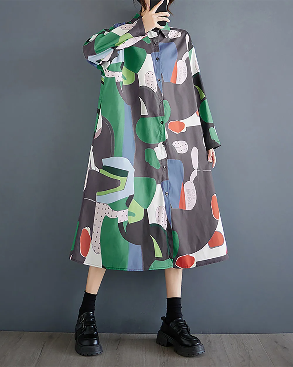 Women's Shirt Dress Lapel Collar Button Down Long Sleeve Below Knee Loose Oversize GZ291