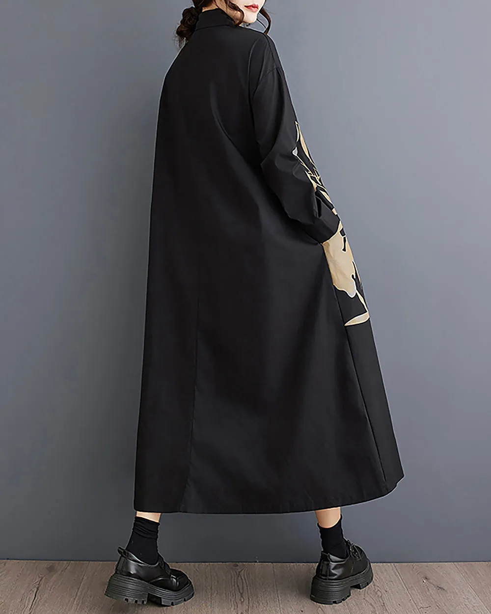 Women's Shirt Dress Lapel Collar Button Down Long Sleeve Below Knee Loose Oversize GZ291