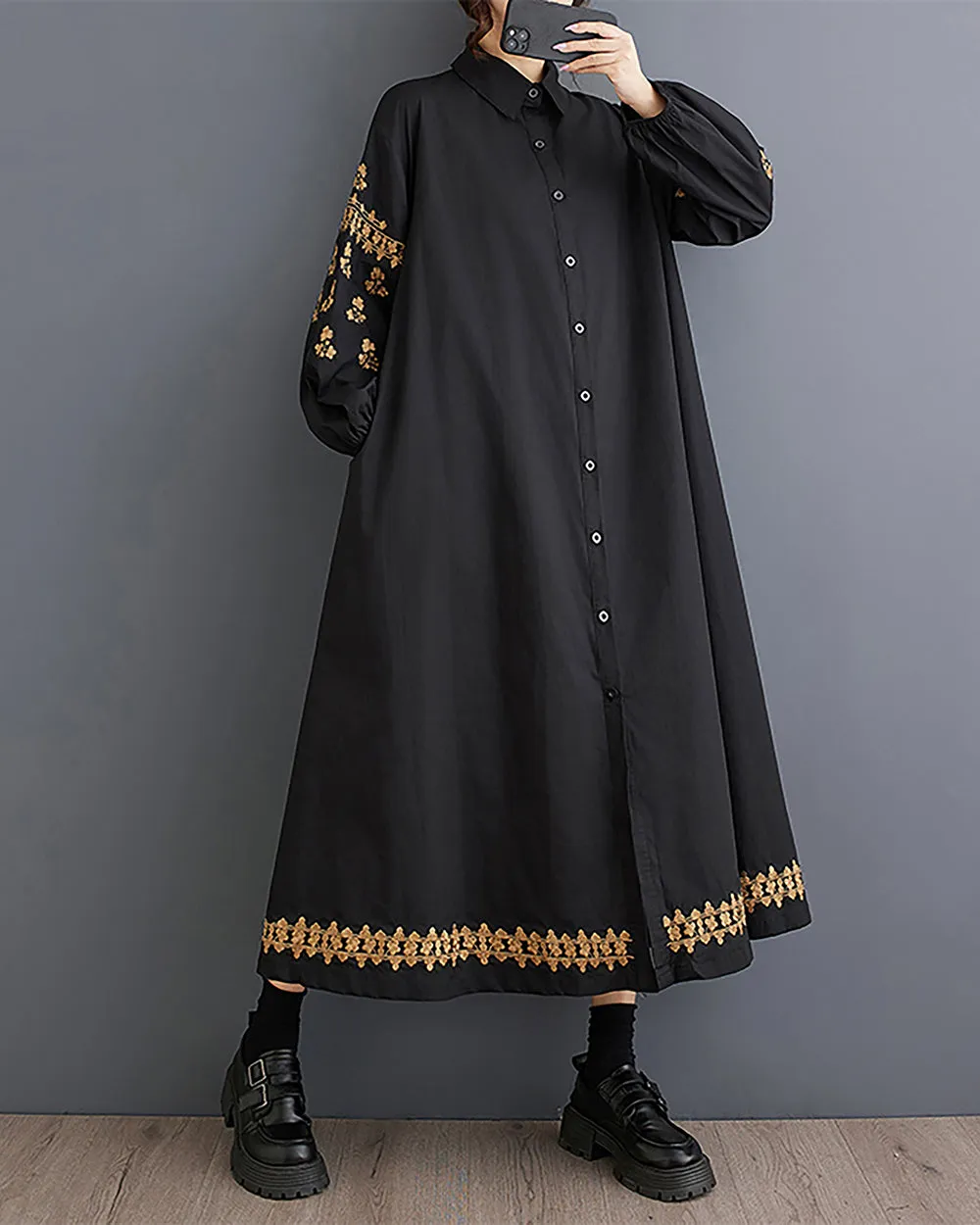 Women's Shirt Dress Lapel Collar Button Down Long Sleeve Below Knee Loose Oversize GZ291