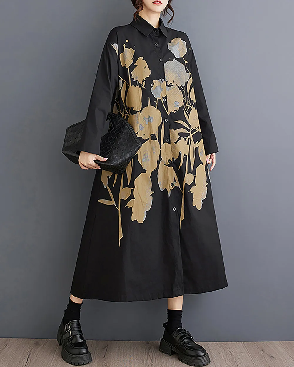 Women's Shirt Dress Lapel Collar Button Down Long Sleeve Below Knee Loose Oversize GZ291