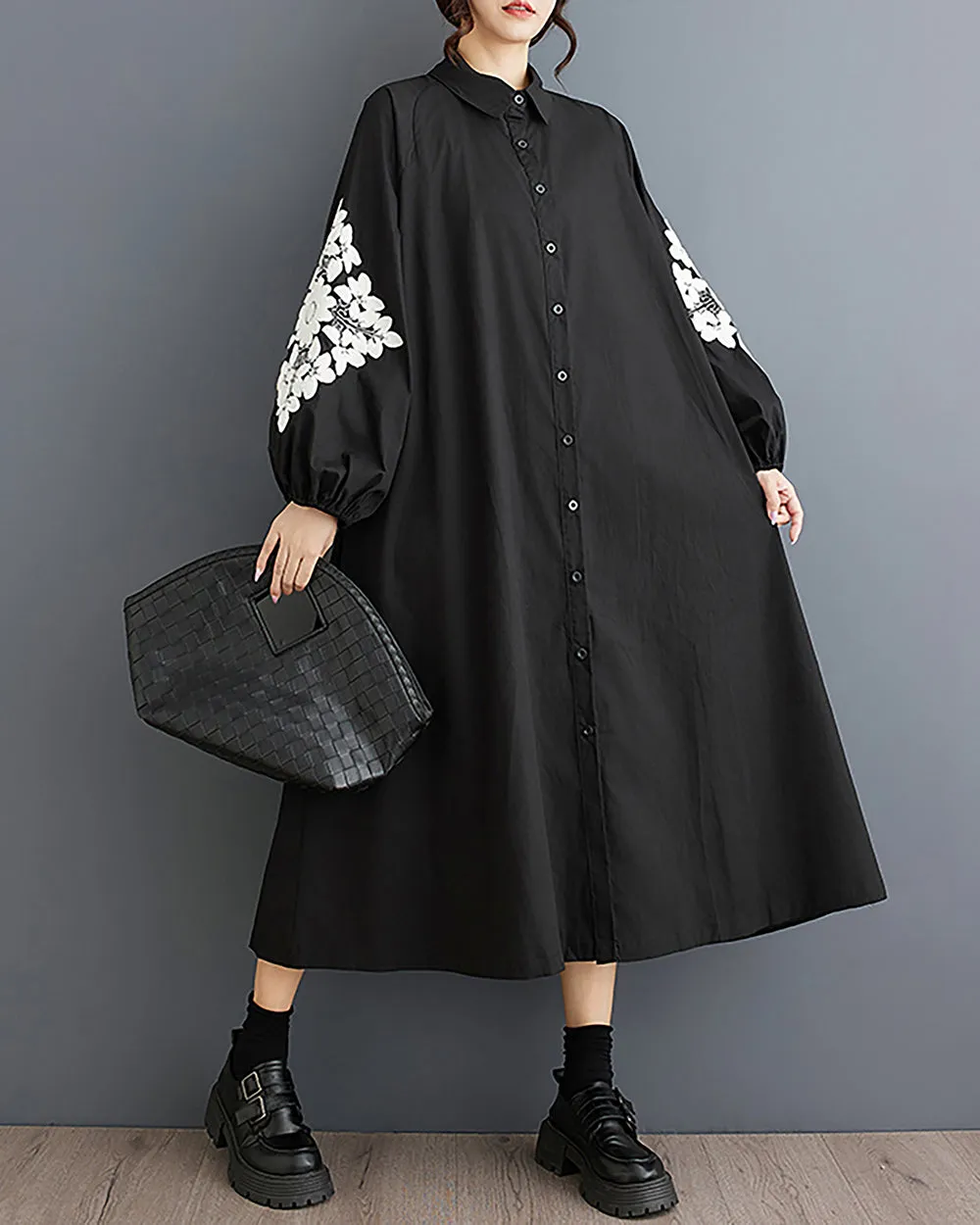 Women's Shirt Dress Lapel Collar Button Down Long Sleeve Below Knee Loose Oversize GZ291