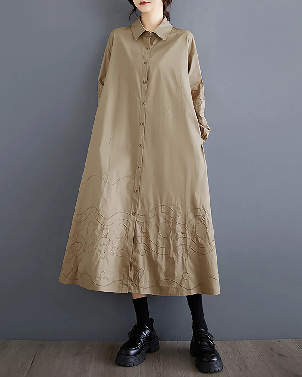 Women's Shirt Dress Lapel Collar Button Down Long Sleeve Below Knee Loose Oversize GZ291