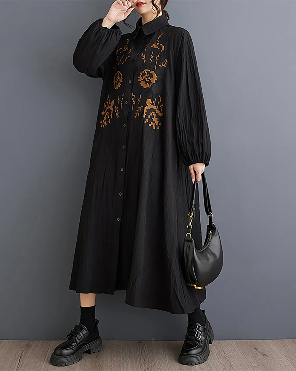 Women's Shirt Dress Lapel Collar Button Down Long Sleeve Below Knee Loose Oversize GZ291