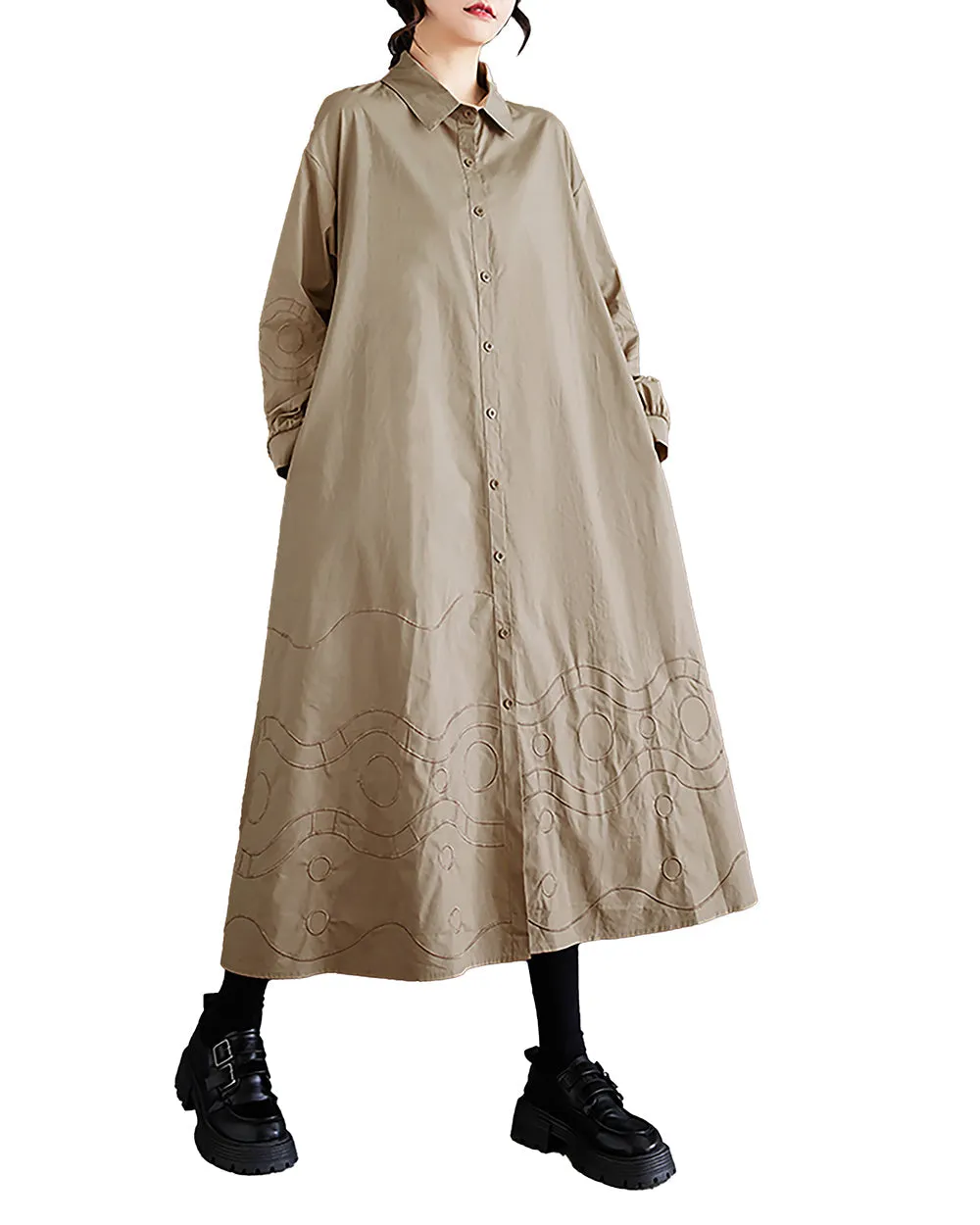 Women's Shirt Dress Lapel Collar Button Down Long Sleeve Below Knee Loose Oversize GZ291