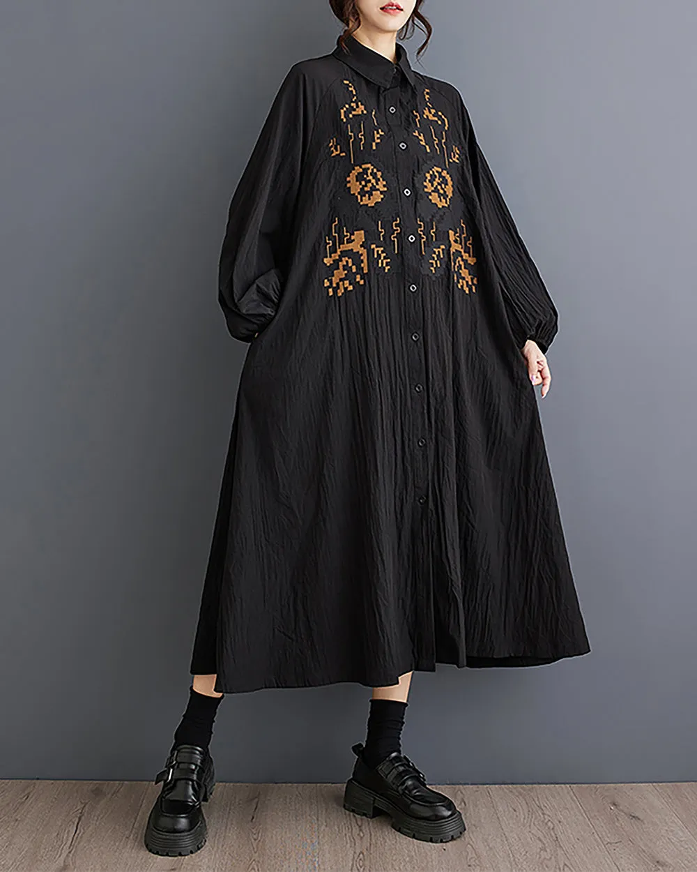 Women's Shirt Dress Lapel Collar Button Down Long Sleeve Below Knee Loose Oversize GZ291