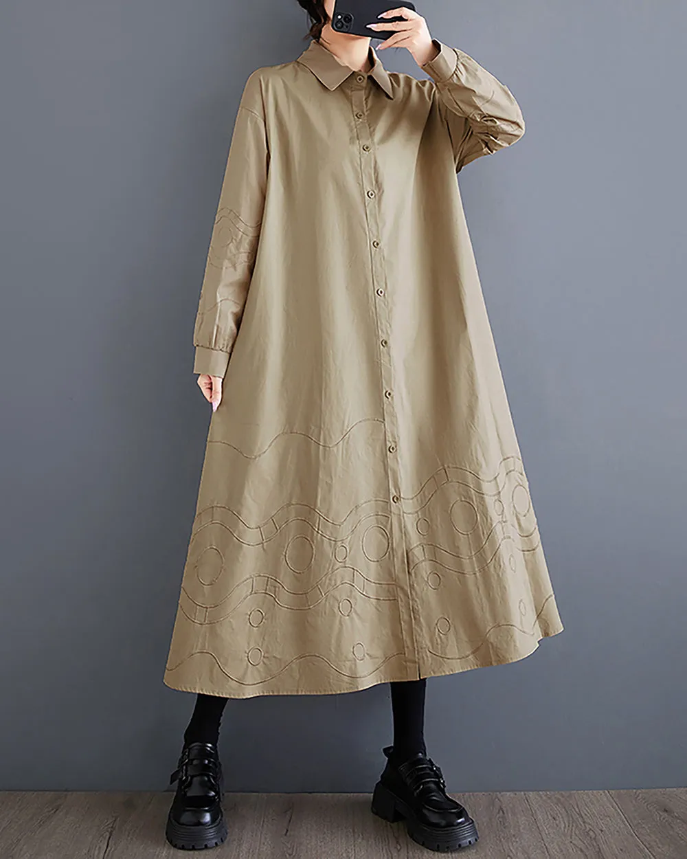 Women's Shirt Dress Lapel Collar Button Down Long Sleeve Below Knee Loose Oversize GZ291