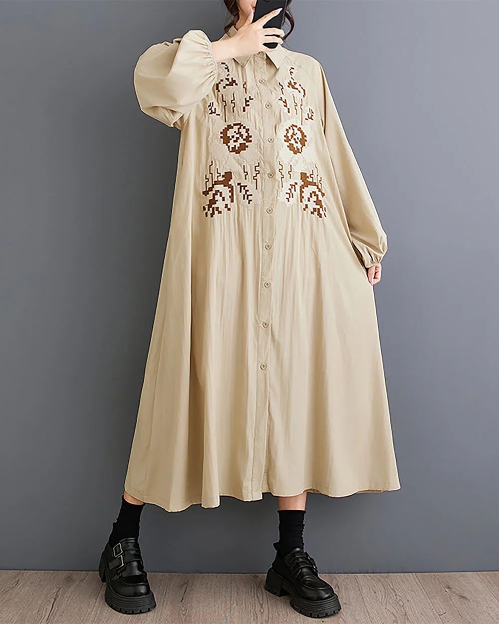 Women's Shirt Dress Lapel Collar Button Down Long Sleeve Below Knee Loose Oversize GZ291
