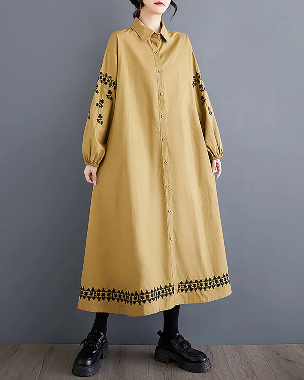 Women's Shirt Dress Lapel Collar Button Down Long Sleeve Below Knee Loose Oversize GZ291