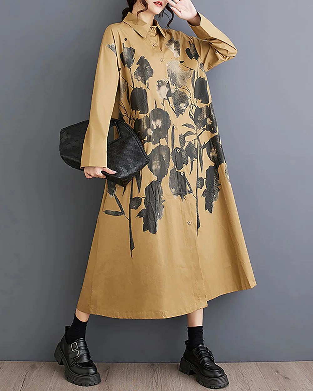 Women's Shirt Dress Lapel Collar Button Down Long Sleeve Below Knee Loose Oversize GZ291