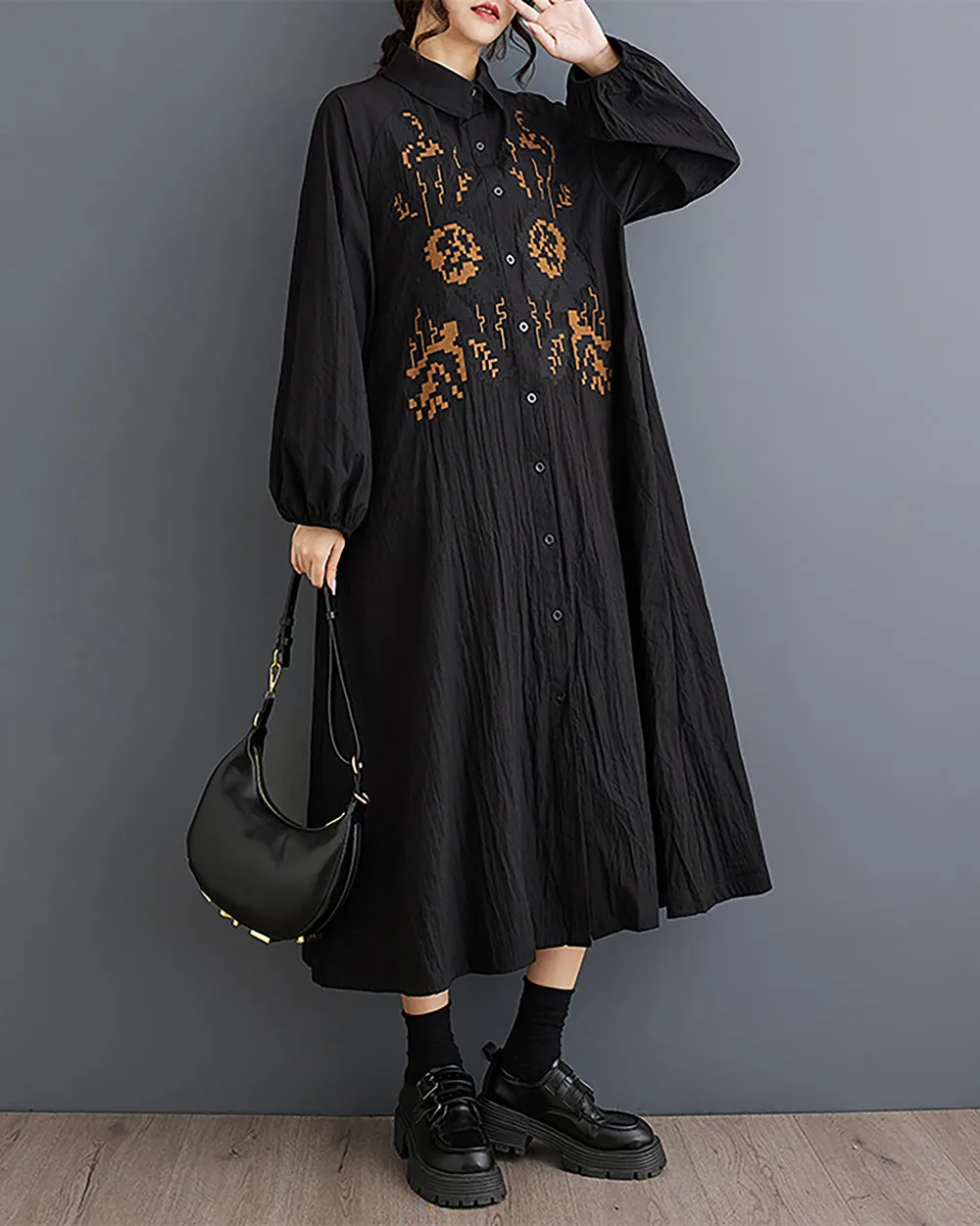 Women's Shirt Dress Lapel Collar Button Down Long Sleeve Below Knee Loose Oversize GZ291