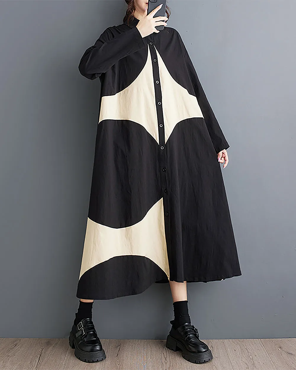 Women's Shirt Dress Lapel Collar Button Down Long Sleeve Below Knee Loose Oversize GZ291