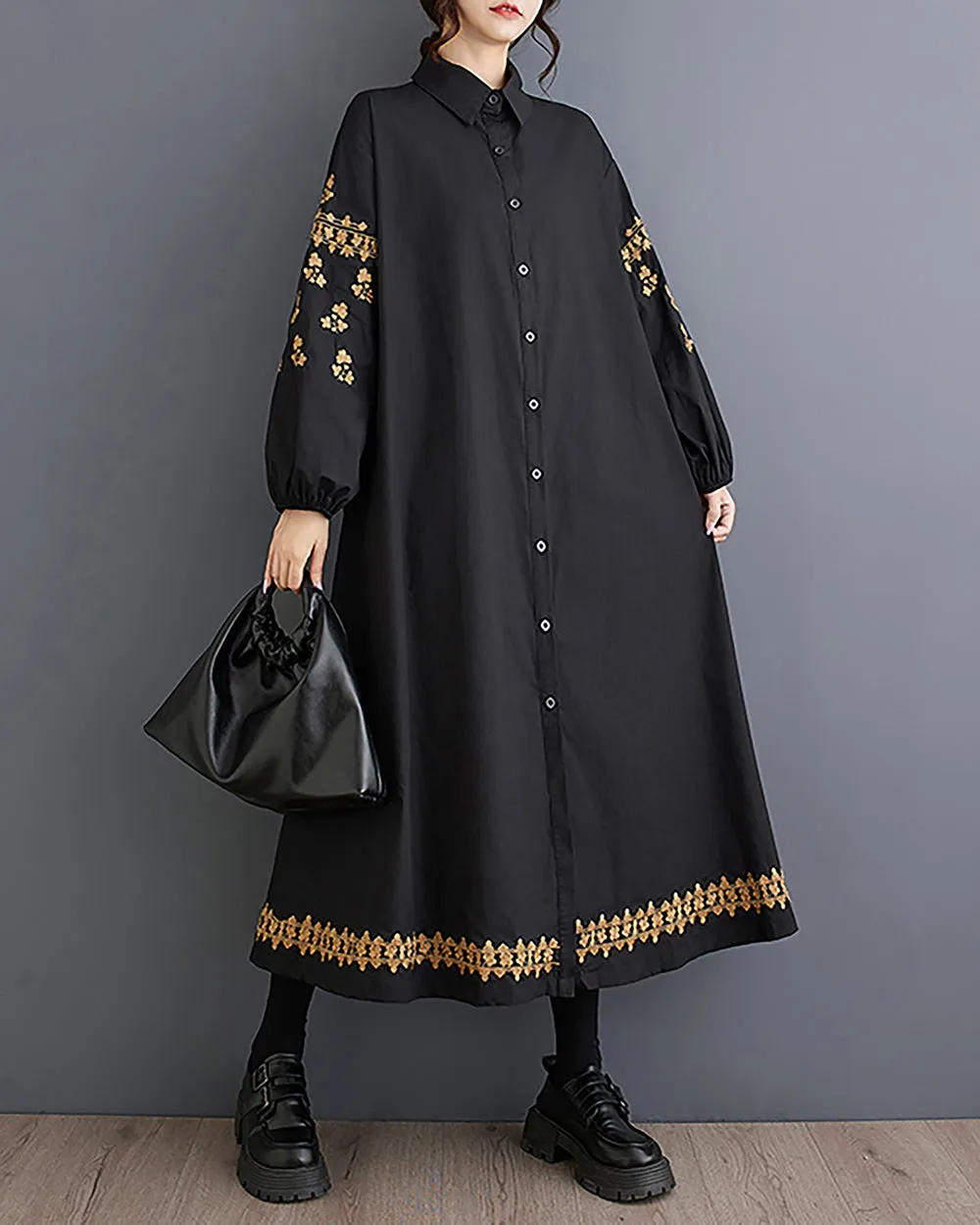 Women's Shirt Dress Lapel Collar Button Down Long Sleeve Below Knee Loose Oversize GZ291