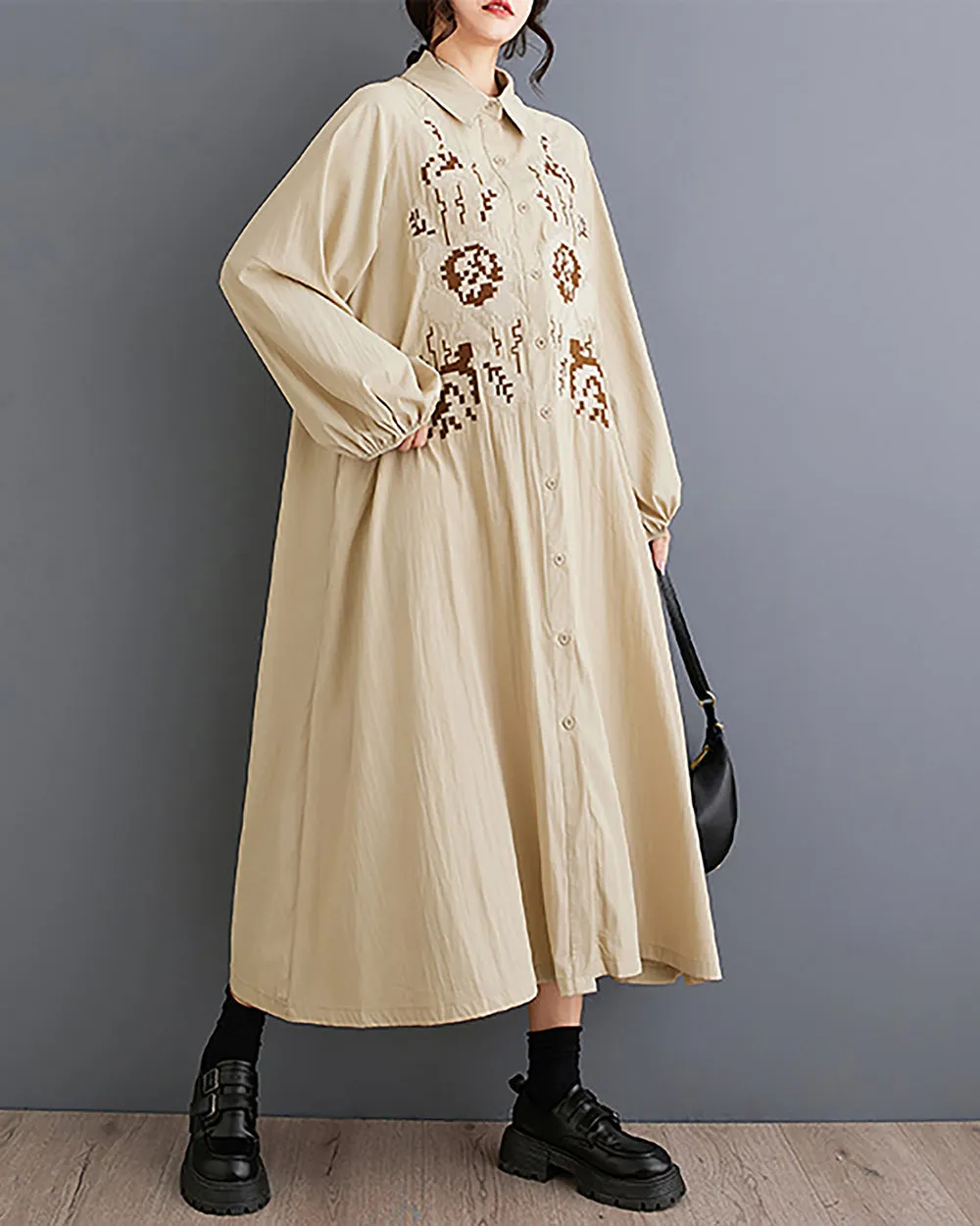 Women's Shirt Dress Lapel Collar Button Down Long Sleeve Below Knee Loose Oversize GZ291