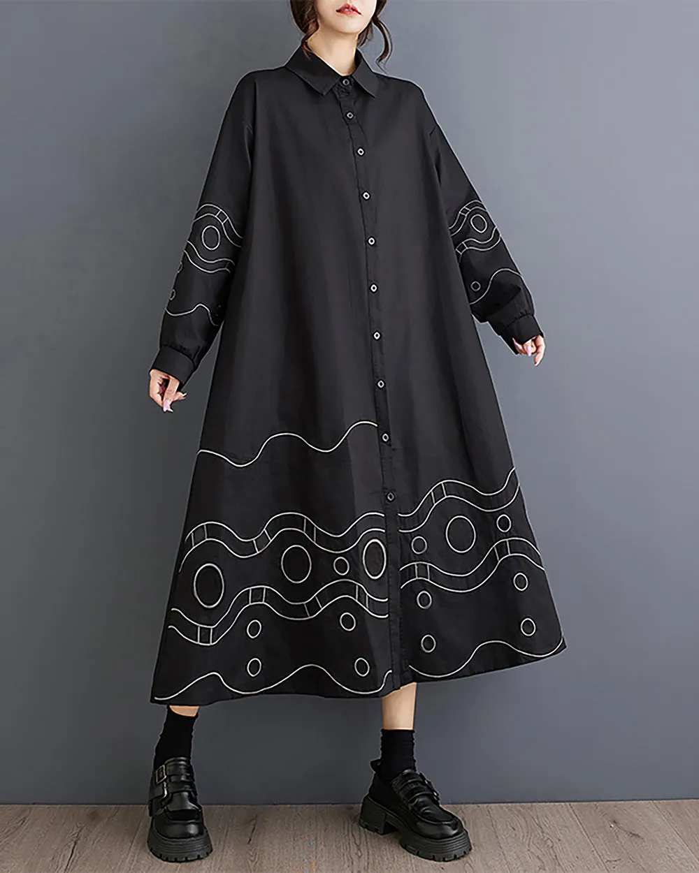 Women's Shirt Dress Lapel Collar Button Down Long Sleeve Below Knee Loose Oversize GZ291