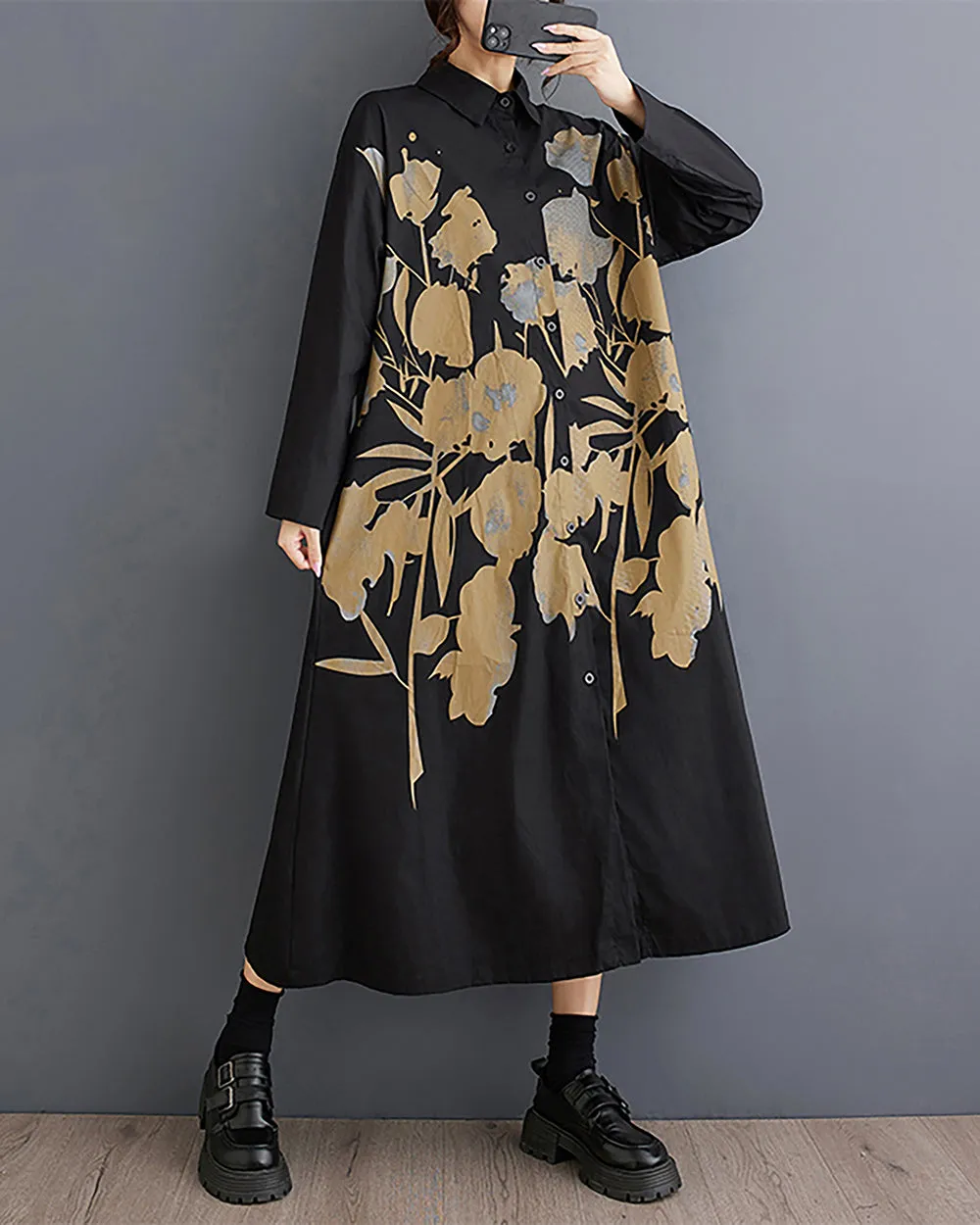 Women's Shirt Dress Lapel Collar Button Down Long Sleeve Below Knee Loose Oversize GZ291
