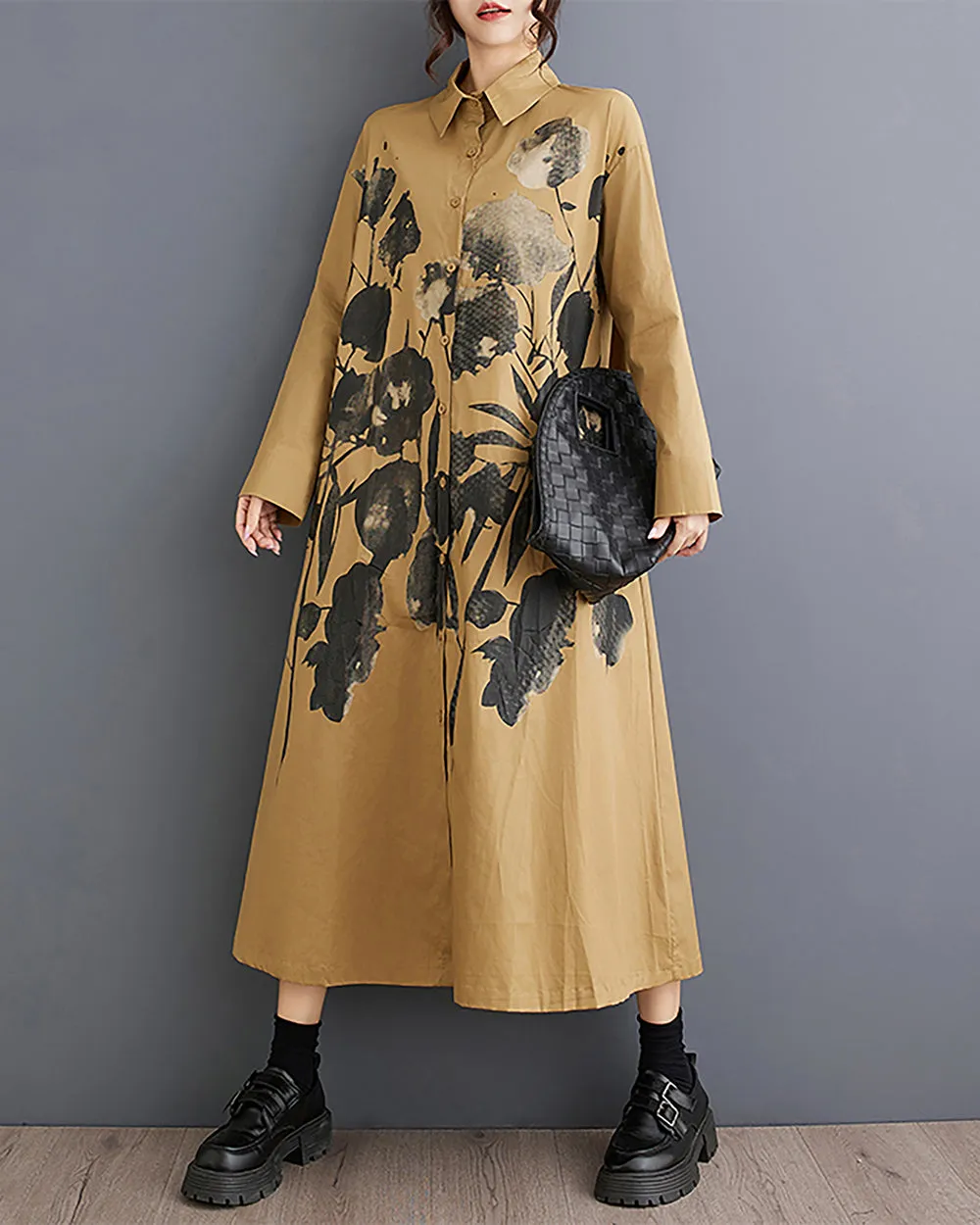 Women's Shirt Dress Lapel Collar Button Down Long Sleeve Below Knee Loose Oversize GZ291