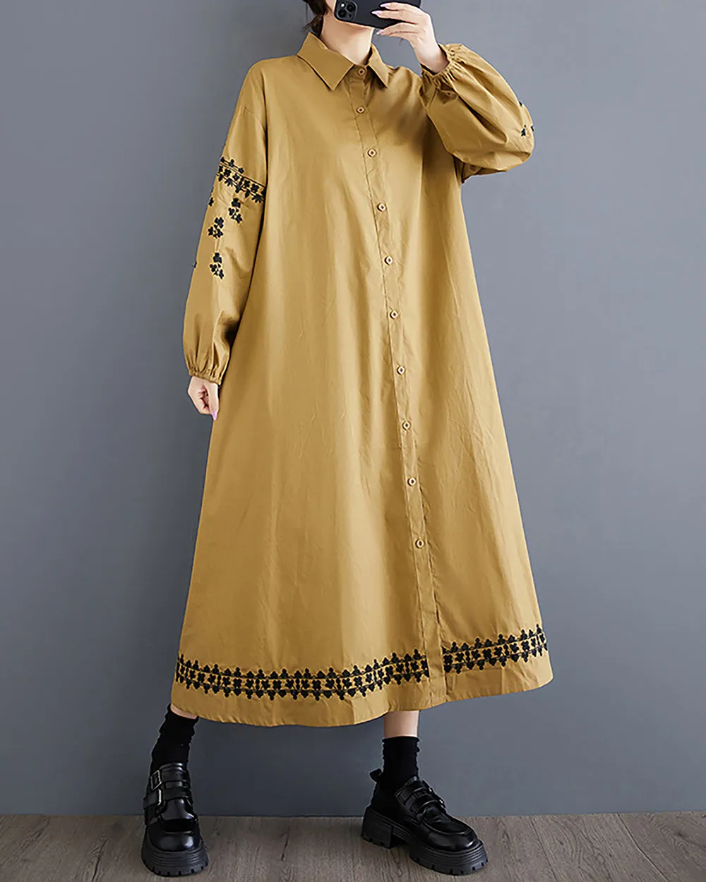 Women's Shirt Dress Lapel Collar Button Down Long Sleeve Below Knee Loose Oversize GZ291