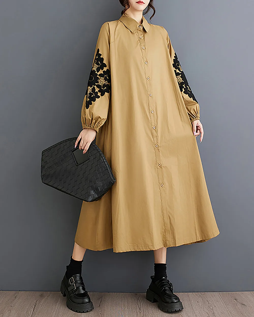 Women's Shirt Dress Lapel Collar Button Down Long Sleeve Below Knee Loose Oversize GZ291