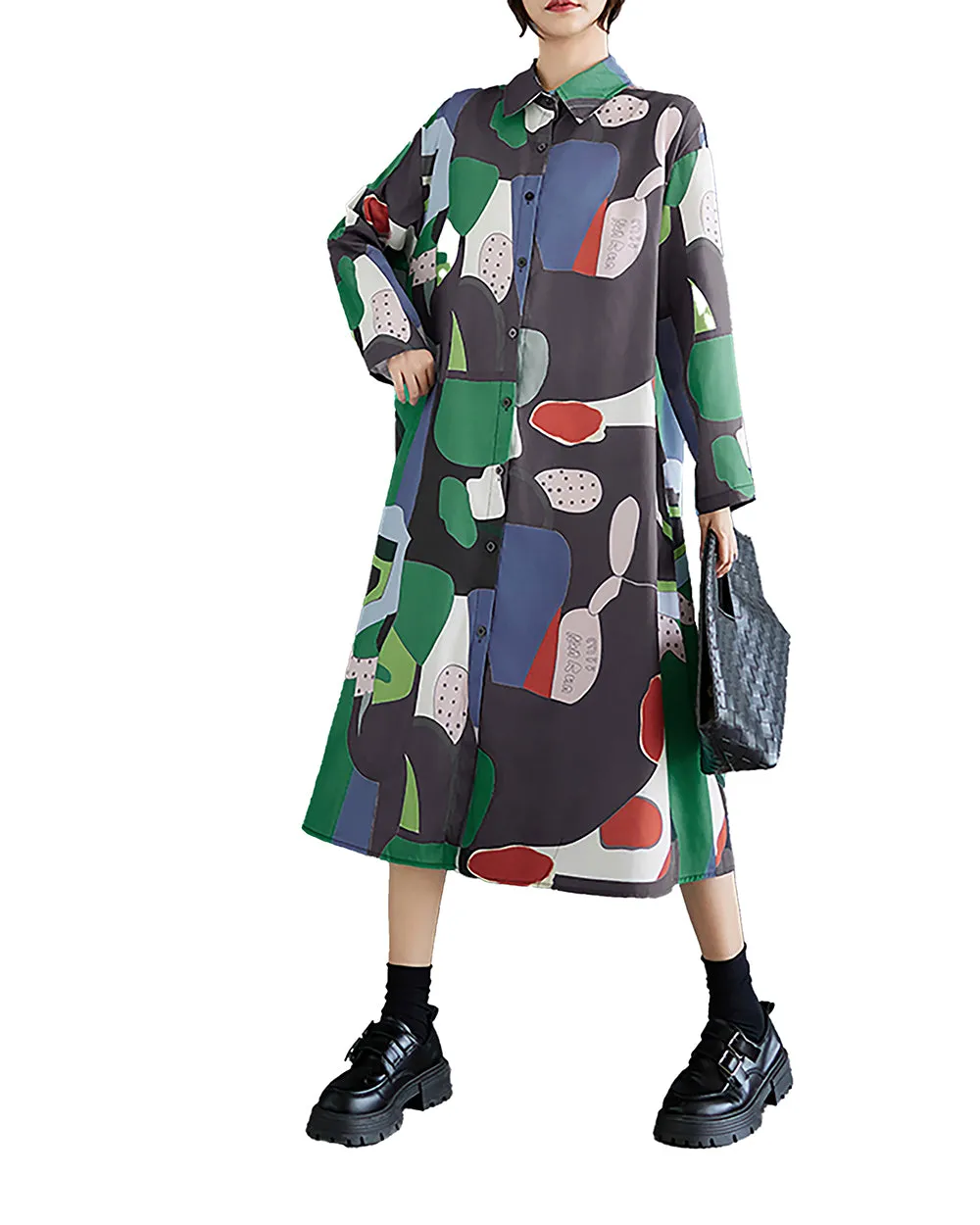 Women's Shirt Dress Lapel Collar Button Down Long Sleeve Below Knee Loose Oversize GZ291