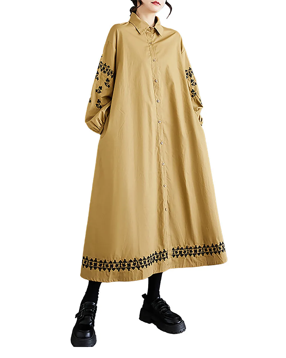 Women's Shirt Dress Lapel Collar Button Down Long Sleeve Below Knee Loose Oversize GZ291