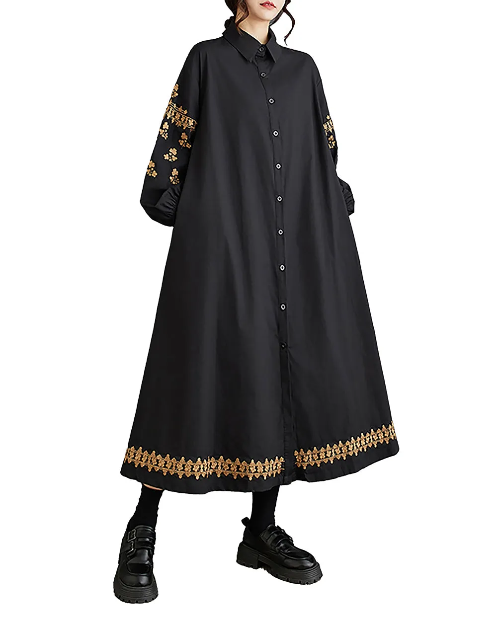 Women's Shirt Dress Lapel Collar Button Down Long Sleeve Below Knee Loose Oversize GZ291