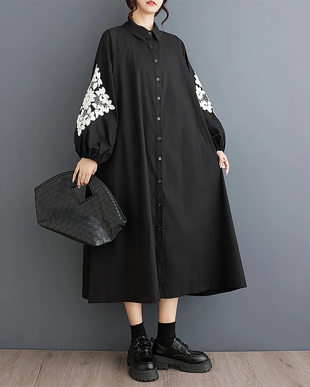 Women's Shirt Dress Lapel Collar Button Down Long Sleeve Below Knee Loose Oversize GZ291