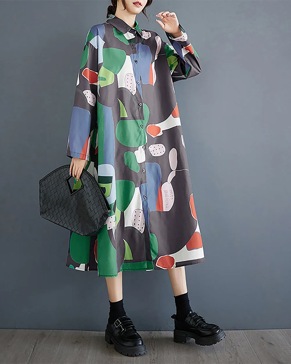 Women's Shirt Dress Lapel Collar Button Down Long Sleeve Below Knee Loose Oversize GZ291