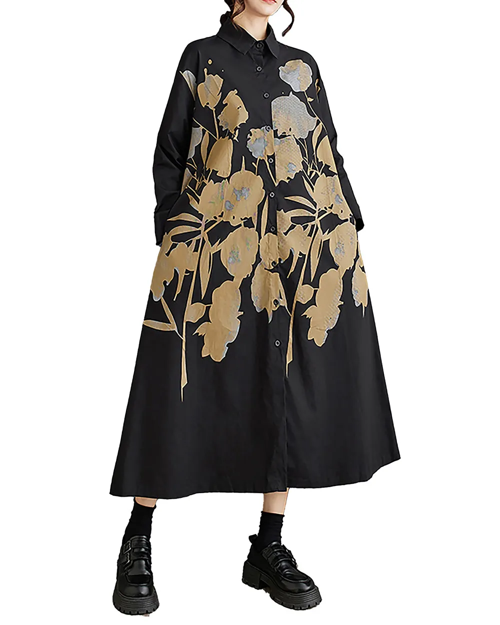 Women's Shirt Dress Lapel Collar Button Down Long Sleeve Below Knee Loose Oversize GZ291