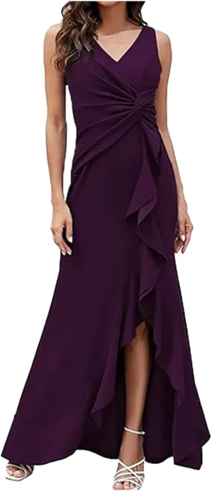 Women's Split Bodycon Evening Cocktail Long Dress Wrap V Neck Sleeveless Ruched Formal Dress Ruffle Hem Maxi Dress
