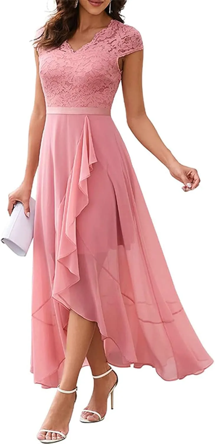 Women's Summer Bridesmaid Dresses Chiffon Wrap Sexy Summer Dresses V Neck Retro Lace Ruffle Midi Sundress