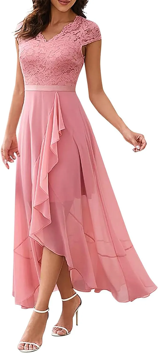 Women's Summer Bridesmaid Dresses Chiffon Wrap Sexy Summer Dresses V Neck Retro Lace Ruffle Midi Sundress